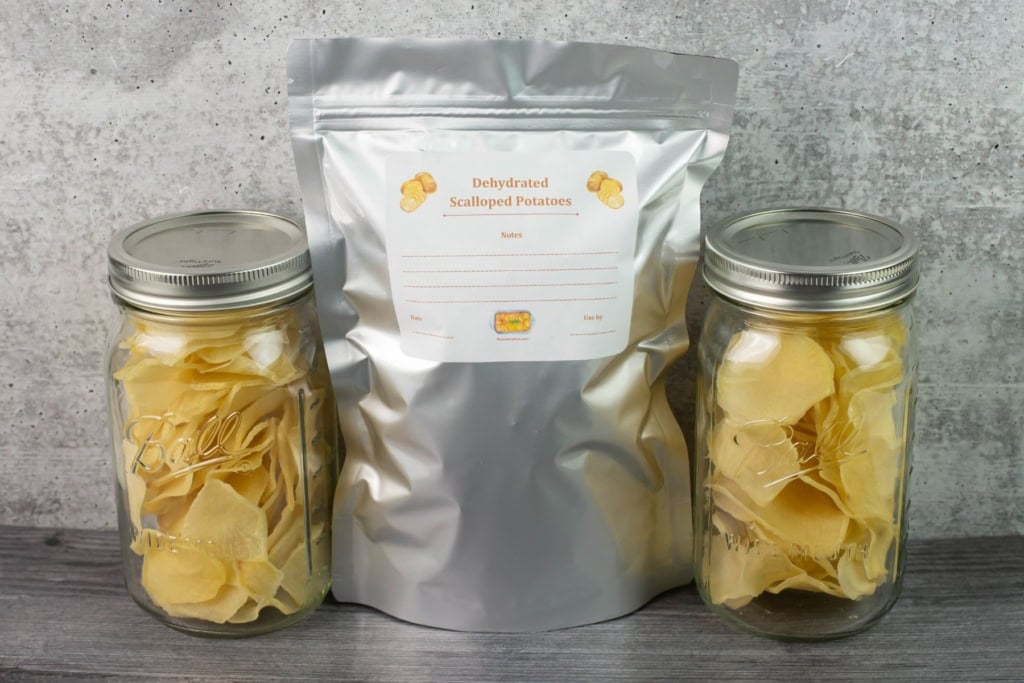 Dehydrated Scalloped Potatoes in jar and bag.