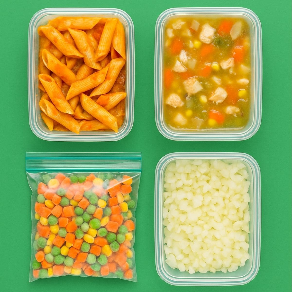 3 plastic containers and 1 bag filled with food to freeze.