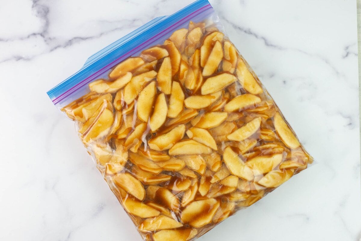 Closed filled freezer bag flat on table.