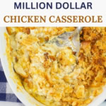 Chicken Casserole in baking dish with spoon for Pinterest image.
