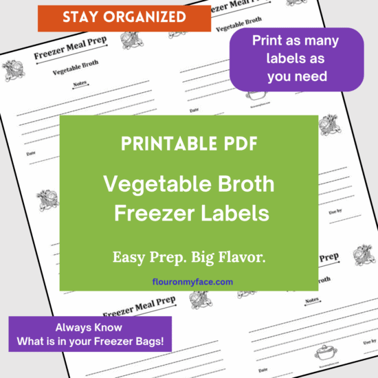 Vegetable broth freezer meal labels preview image.