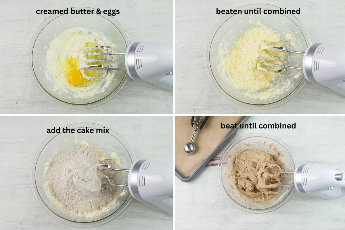 4 image collage of each step needed to make the cookie dough batter.