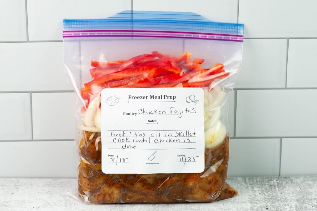 Zip topped bag filled with chicken fajita ingredients.