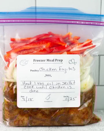 Zip topped bag filled with chicken fajita ingredients.