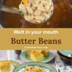 Two image coolage of cooked beans in ladle and bowl of beans ready to eat.