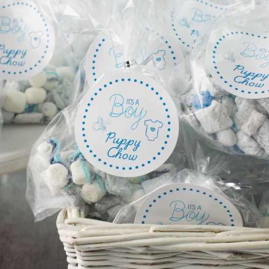 Its a boy Puppy Chow treat labels attached to bags of puppy chow.