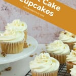 Long image of carrot cake cupcakes on a table top.