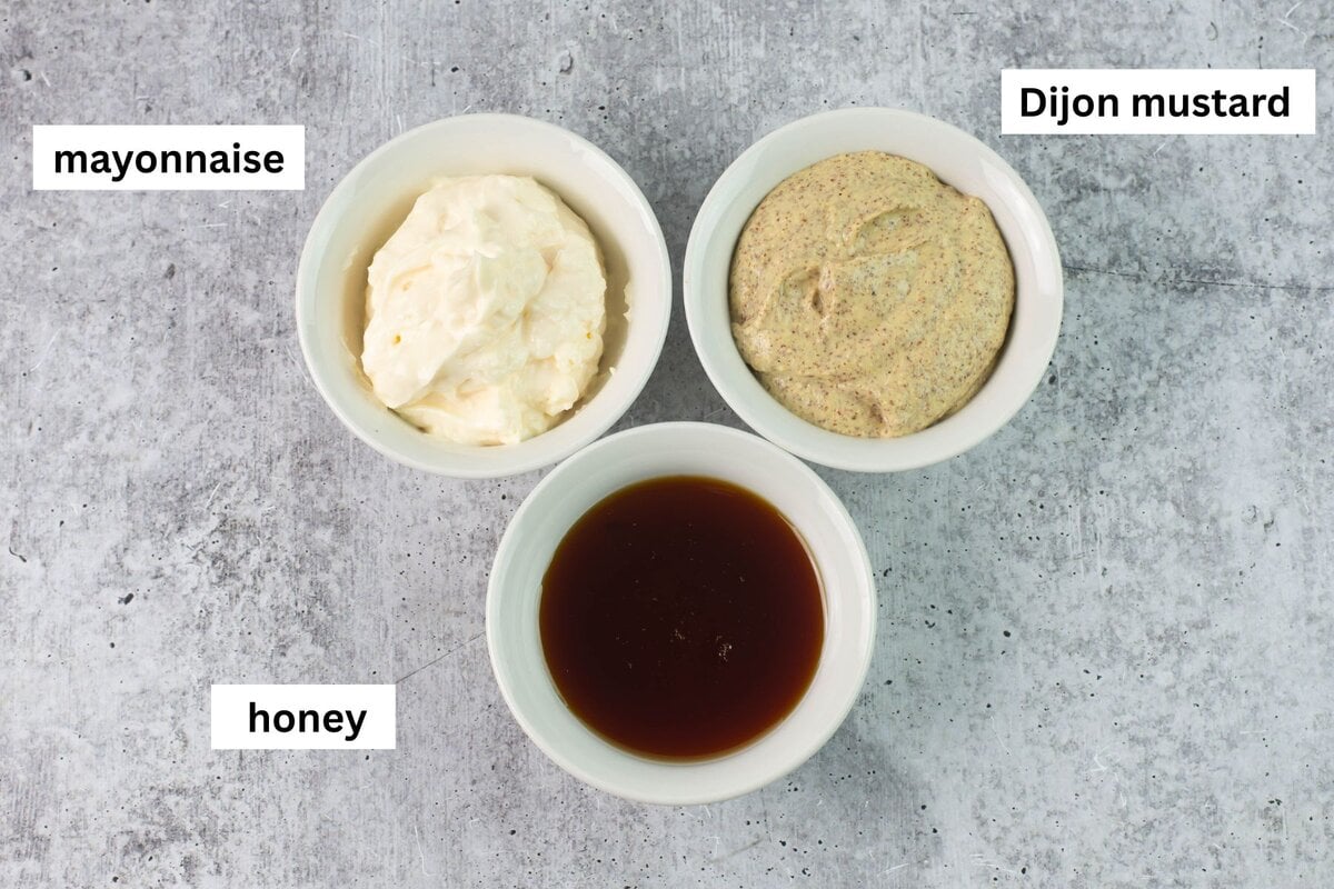3 bowls of honey mustard ingredients.