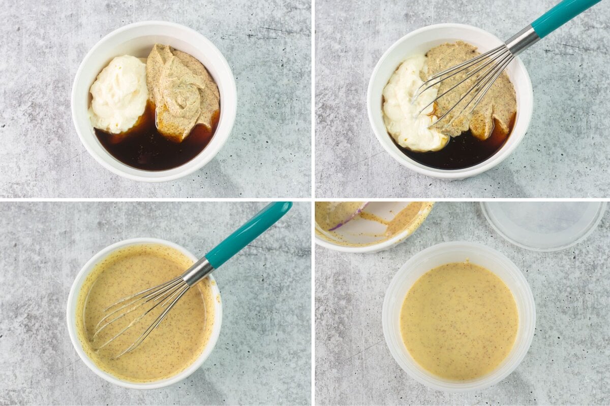 Photo collage of steps to make honey mustard recipe.