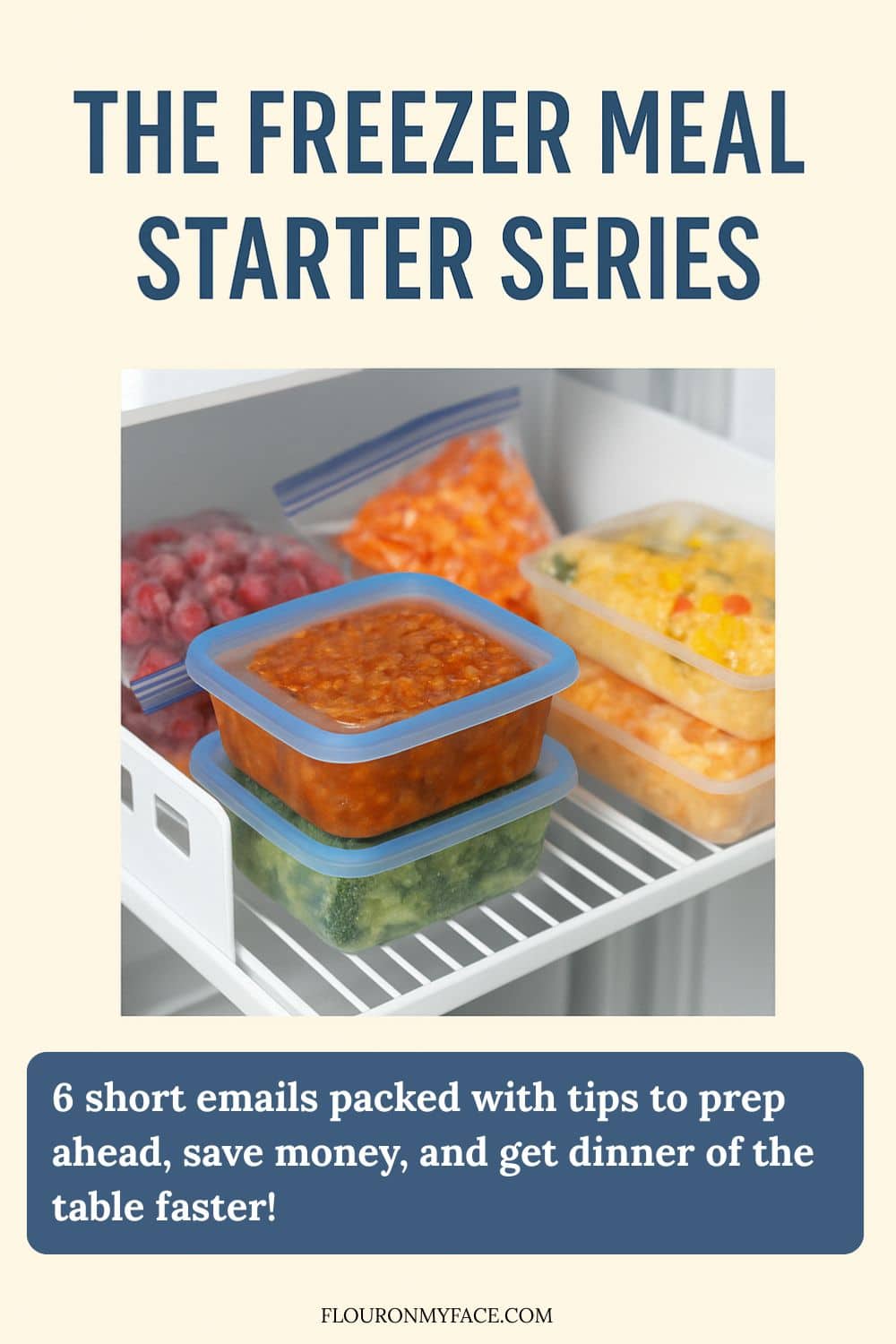 Inside freezer with stacked containers of frozen meals.