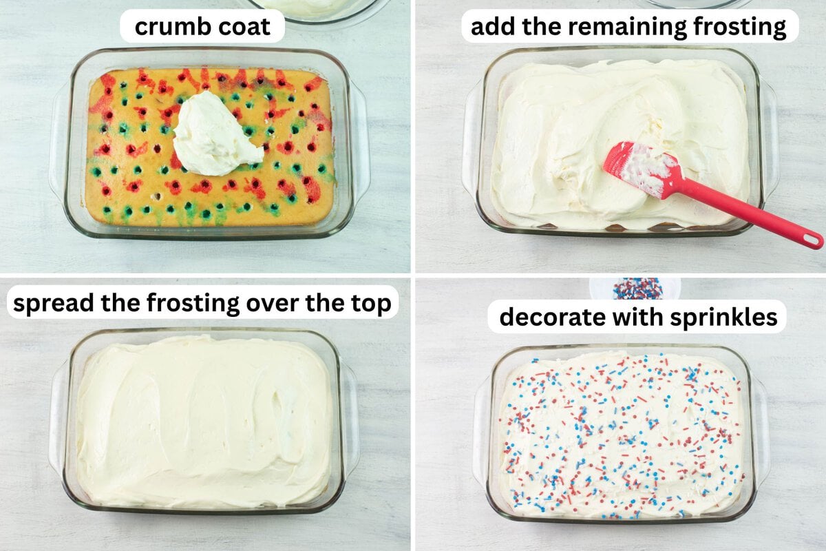 4 collage of frosting the cake and the decorated cake with sprinkles.