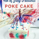 Close up slice of red, white and blue poke cake on a plate with more in background.