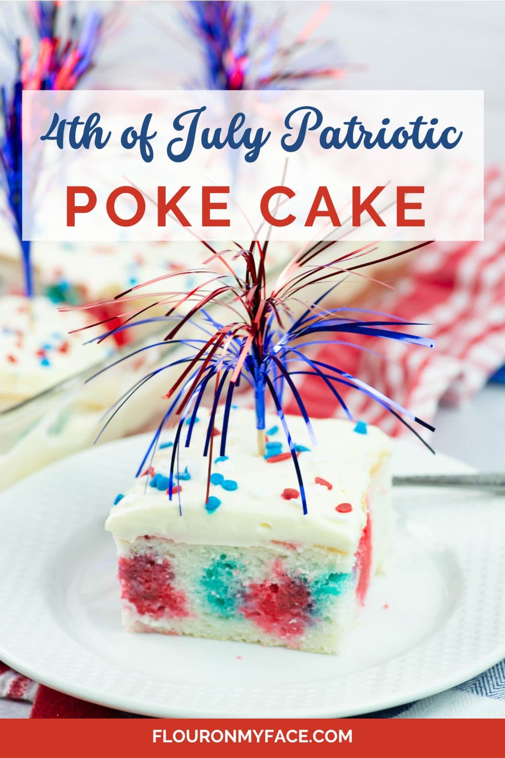 Close up slice of red, white and blue poke cake on a plate with more in background.