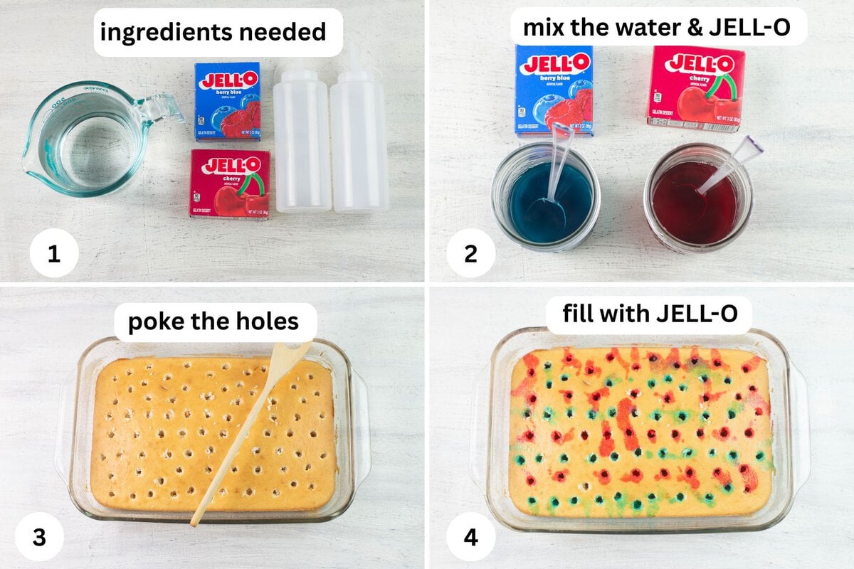 4 Steps on how to mix and fill the holes with red and blue JELL-O.