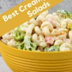 Bowl of creamy pasta salad.