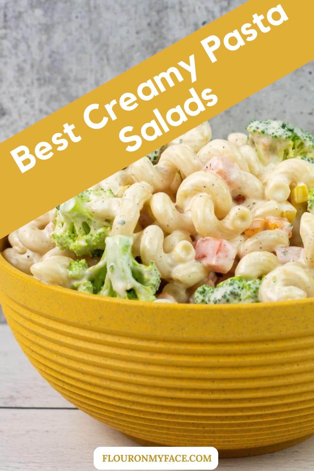 Bowl of creamy pasta salad.