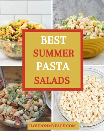 small 4 photo preview of pasta salads in a bowl.