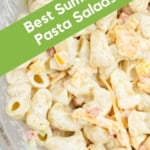 Close up of a bowl of pasta salad.
