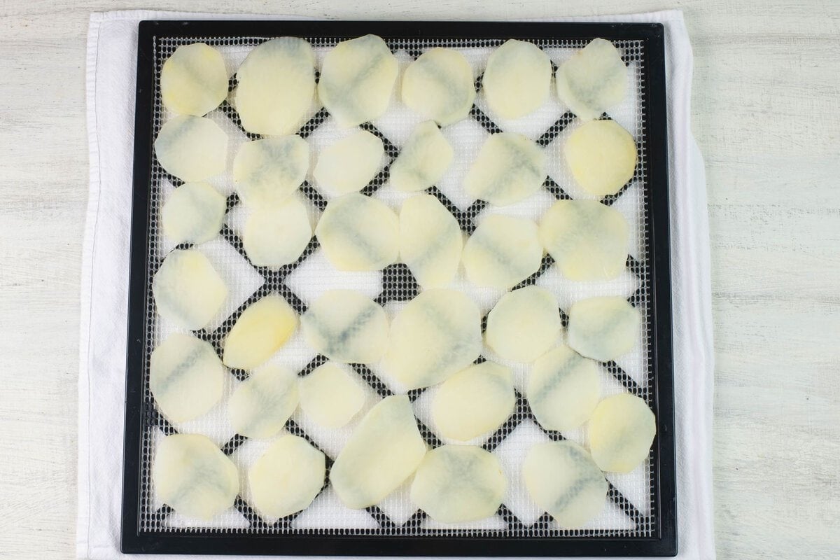 Raw scalloped potatoes on a square dehydrator tray.