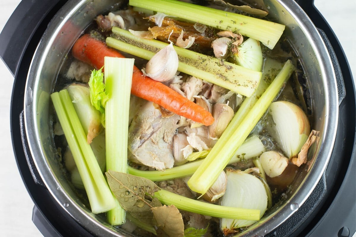 Overhead image of ingredients in pot.