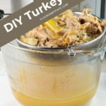Closeup of straining turkey broth.