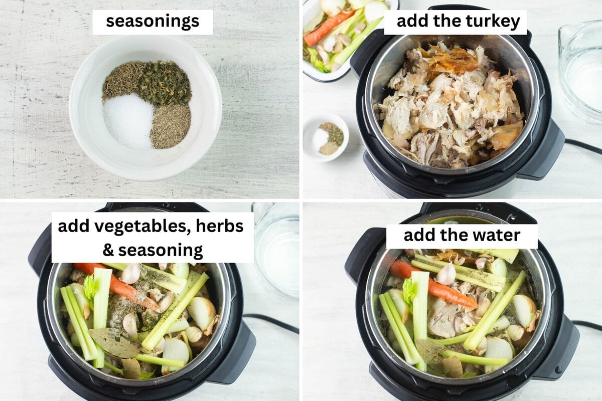 4 photo collage steps to filling instant pot to make broth.