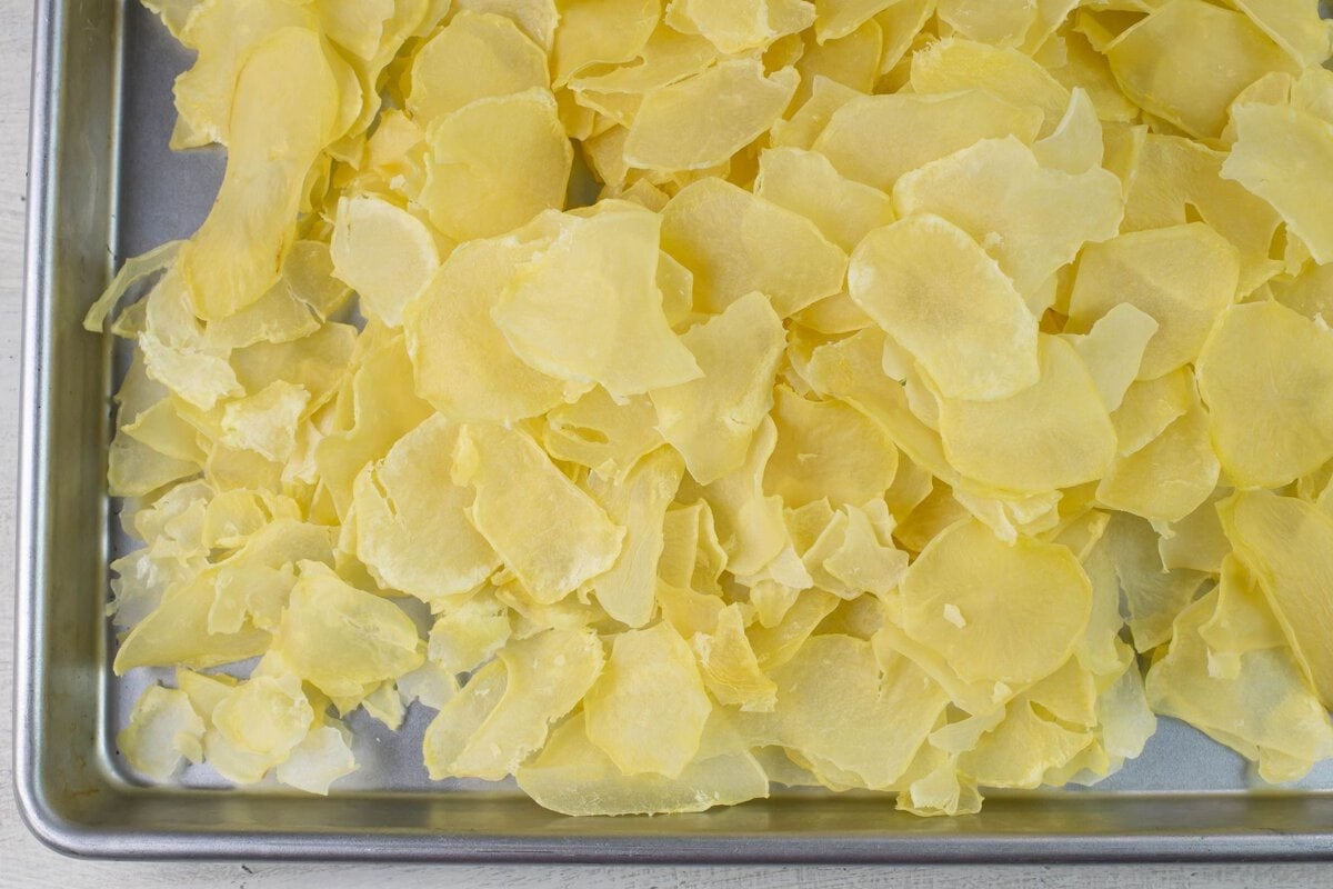 Example of too thin sliced scalloped potatoes that are small pieces and broken.
