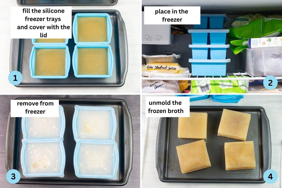 Collage of 4 steps to freeze broth.