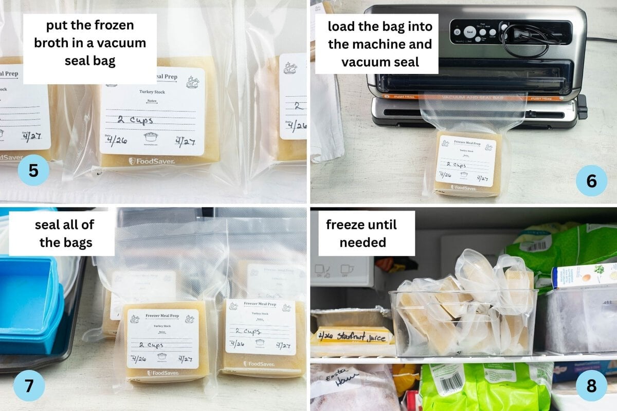 4 collage image of vacuum sealing frozen broth.