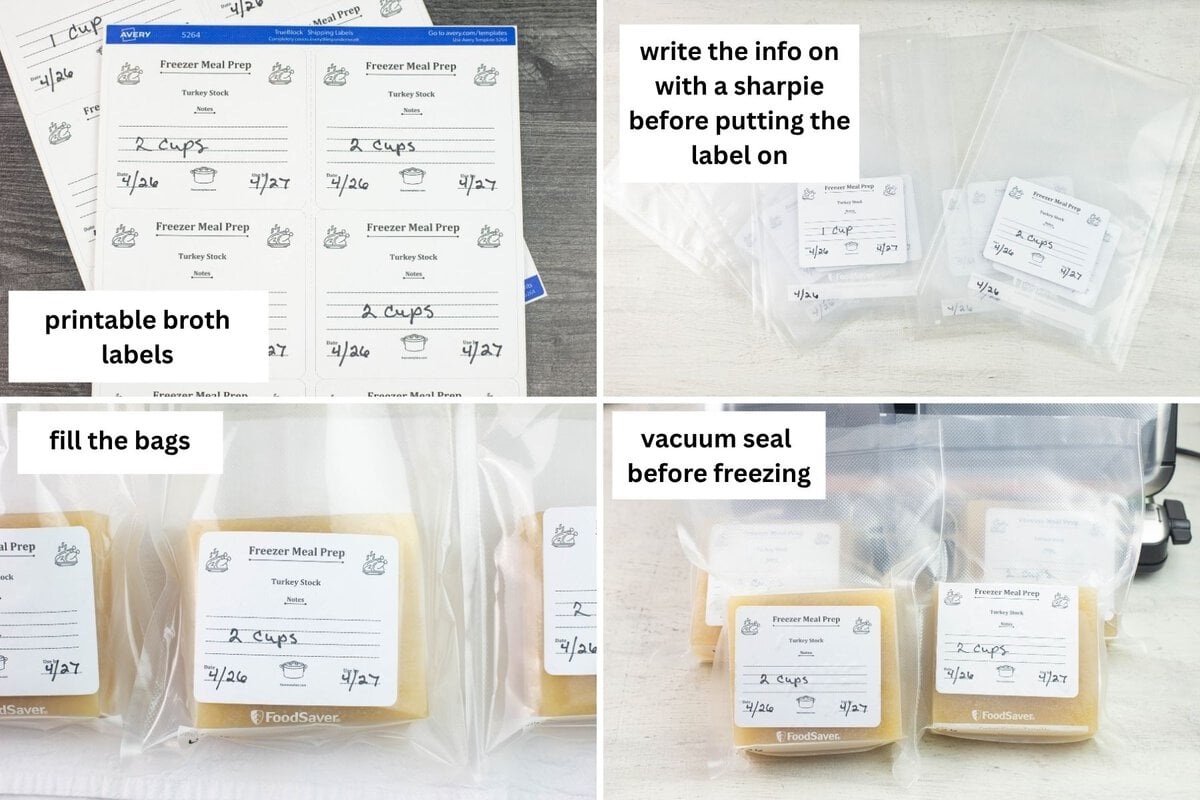 4 collage image of labeling system for freezing broth cubes.