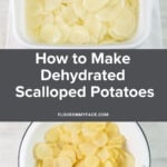Large vertical image of sliced potatoes and dried scallop sliced potatoes.