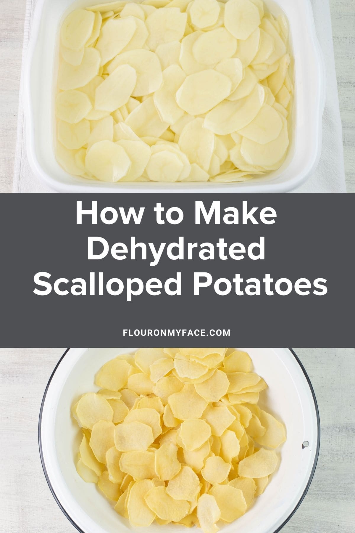 Large vertical image of sliced potatoes and dried scallop sliced potatoes.