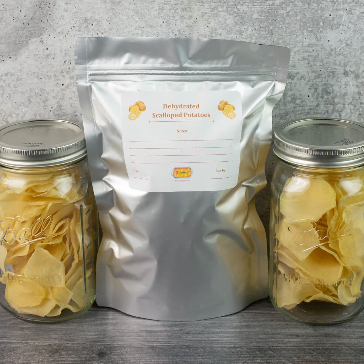 Two jars and storage bag of dried scalloped potatoes.